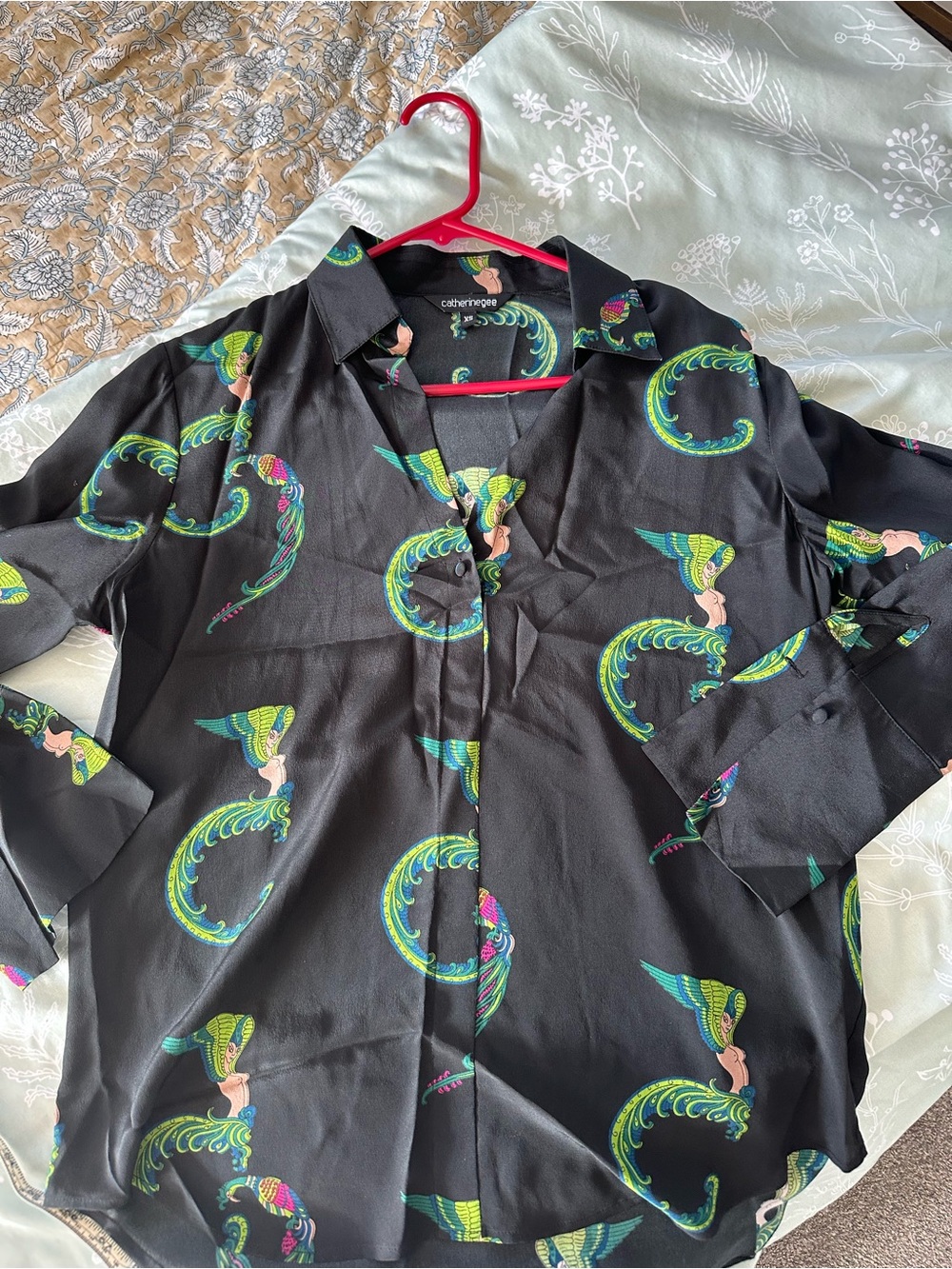 Catherine Gee Daria French Cuff Silk Blouse — Black with Green Print - Picture 4 of 11